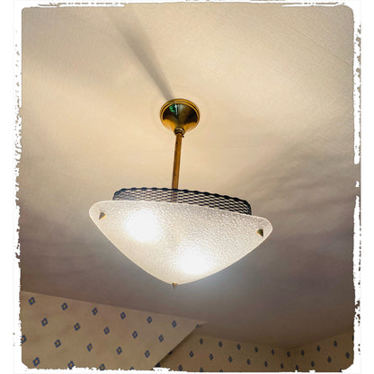 Suspension Lustre Vintage Laiton, Métal Ajouré et Perspex Granité