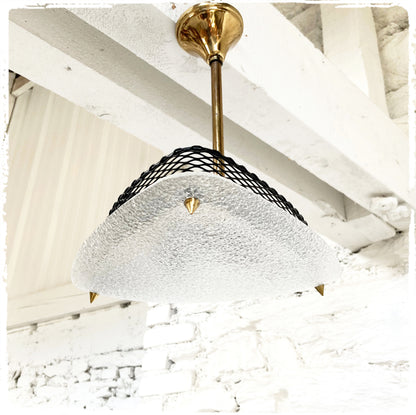 Suspension Lustre Vintage Laiton, Métal Ajouré et Perspex Granité