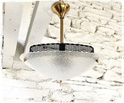 Suspension Lustre Vintage Laiton, Métal Ajouré et Perspex Granité